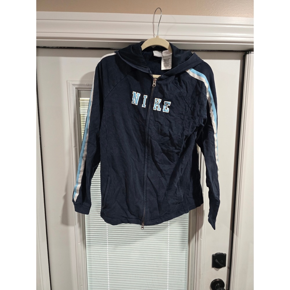 Nike Mens Full Zip Hoodie Navy Blue Light Blue Stripe Spellout Sweatshirt XLT